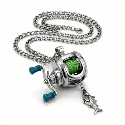 Miniature fishing reel pendant with rotating handle on necklace chain, detailed and durable design for anglers.