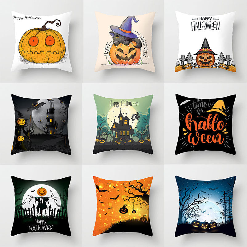 Set of nine 45x45cm Halloween pillowcases with various festive pumpkin, witch, haunted house, and Halloween-themed designs in modern and simple style.