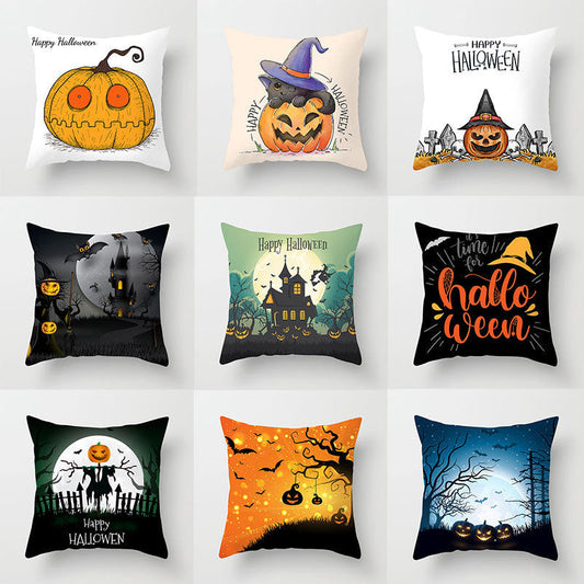Set of nine 45x45cm Halloween pillowcases with various festive pumpkin, witch, haunted house, and Halloween-themed designs in modern and simple style.