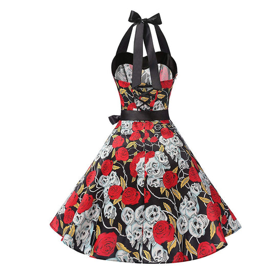Halloween Easter Hepburn dress with halter neck, black bodice, and red roses and skulls print on cotton fabric