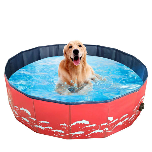 Foldable dog pool with golden retriever playing in water, red ocean wave pattern, durable PVC, suitable for dogs, cats, and kids.