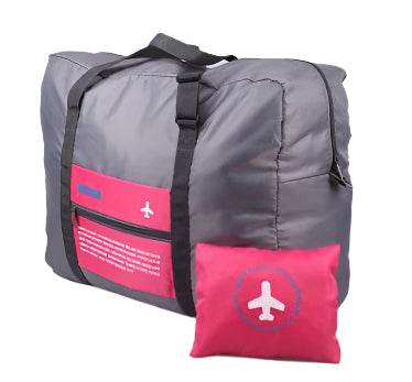 Large capacity foldable travel bag in gray and pink, shown folded and expanded.