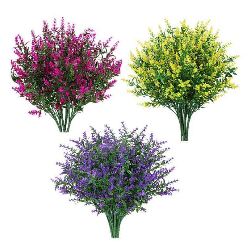 Artificial lavender flowers in purple, fuchsia, and yellow for home decoration.