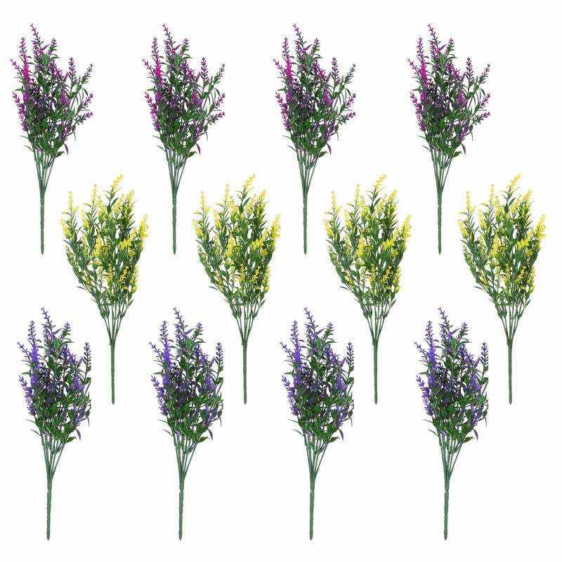 Artificial lavender flowers in purple, fuchsia, and yellow for home decor and weddings.