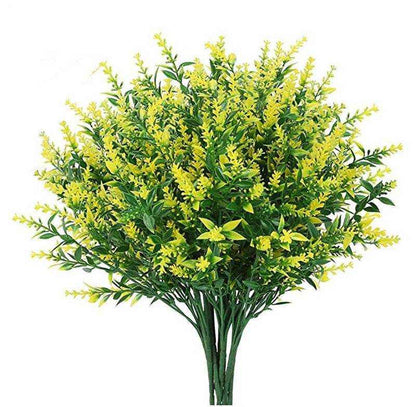 Yellow artificial flowers bouquet, plastic lavender display for home decor.
