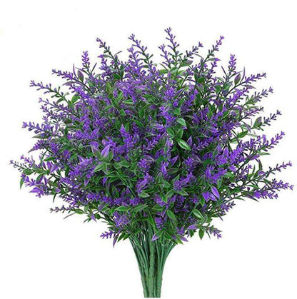 Artificial lavender bouquet with green leaves, perfect for home decor and events.
