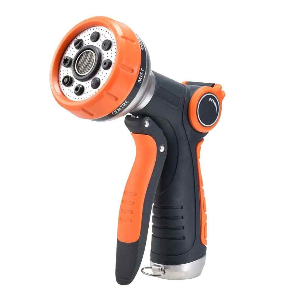 Garden irrigation tool with adjustable 8-mode sprinkler nozzle, ergonomic rubber grip, made of durable zinc alloy and ABS plastic.
