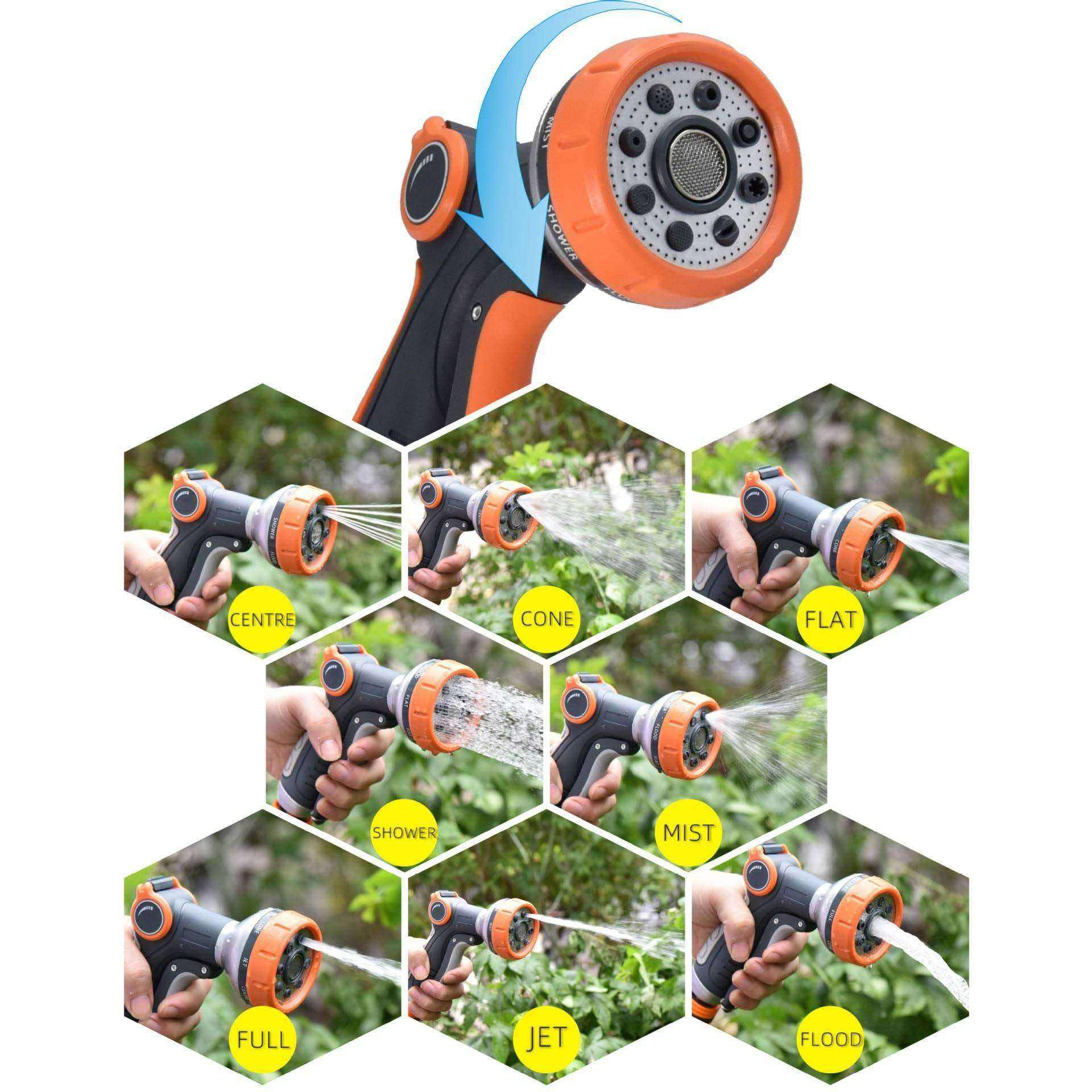 Garden irrigation tool with multifunctional spray modes for efficient watering.