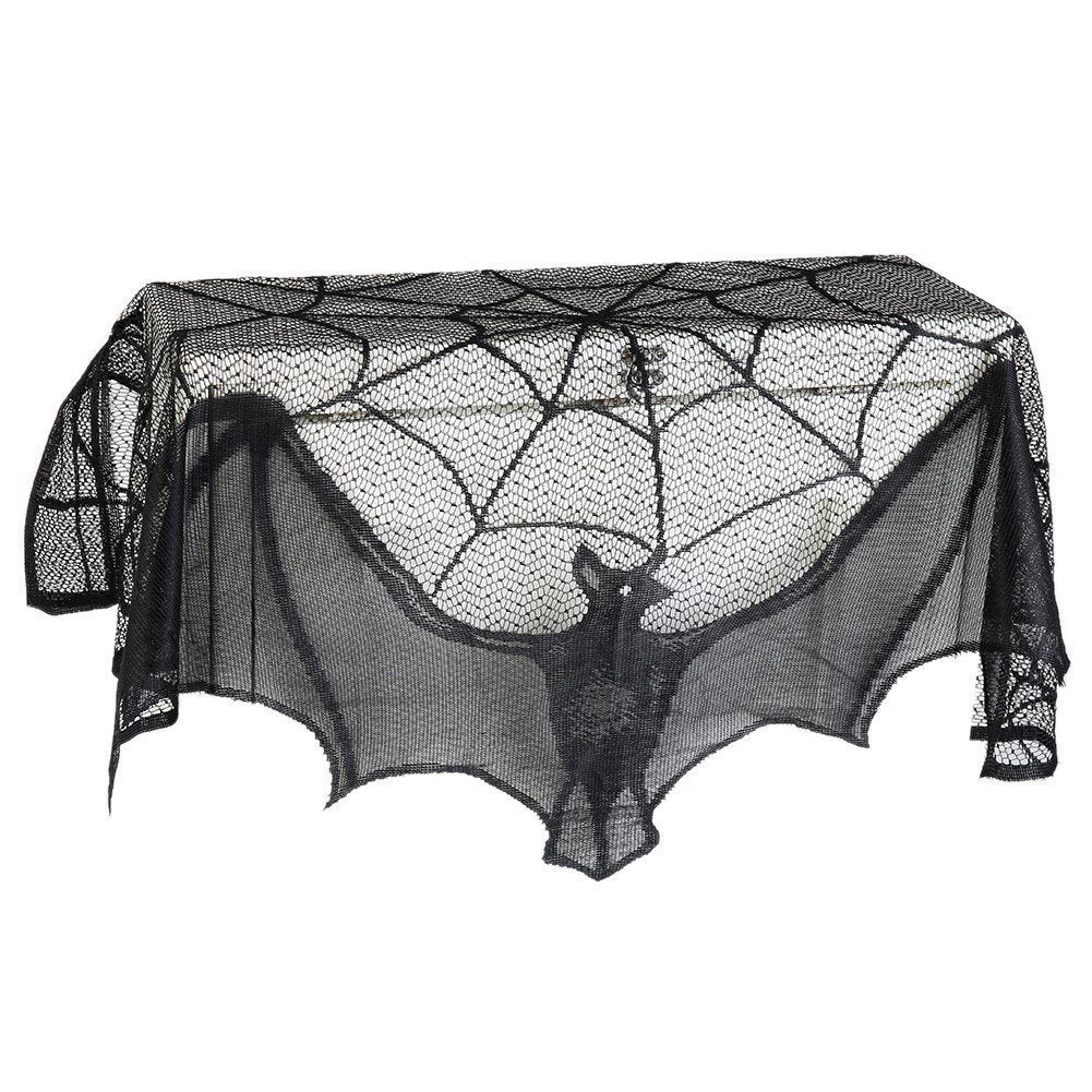 Halloween Black Spider Web Bat Lace Curtain – Spooky Decor