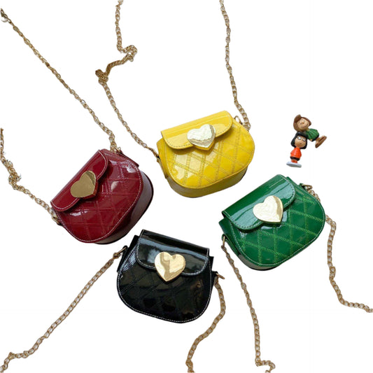 Colorful small square PU leather bags with heart lock and gold chains.