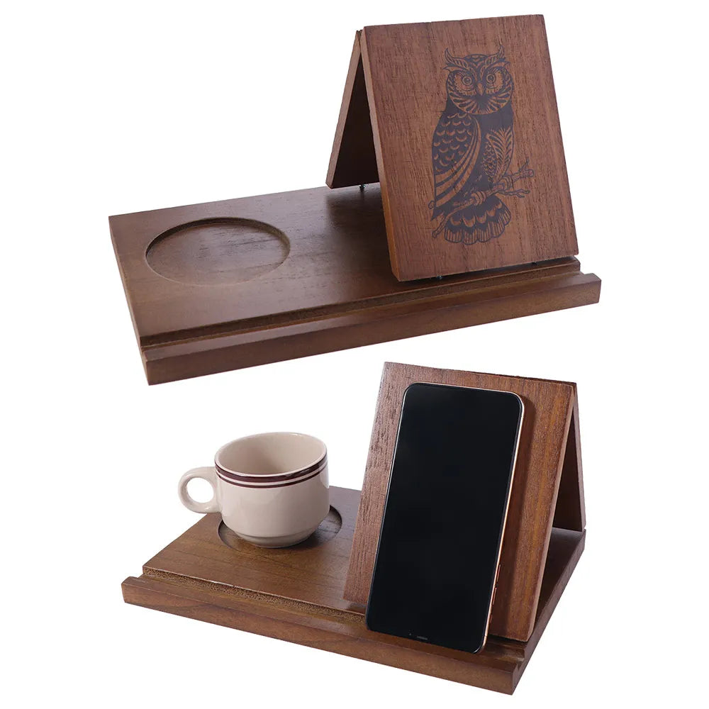 Wooden book stand with cup holder made of solid acacia wood featuring compartments for phone, glasses, and pen.