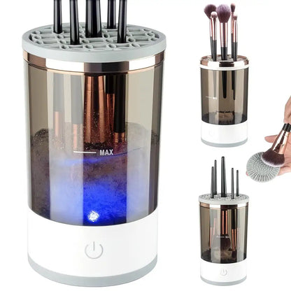 Automatic Electric Makeup Brush Cleaner with sonic vibration and dual-mode for deep and gentle brush cleaning and drying.