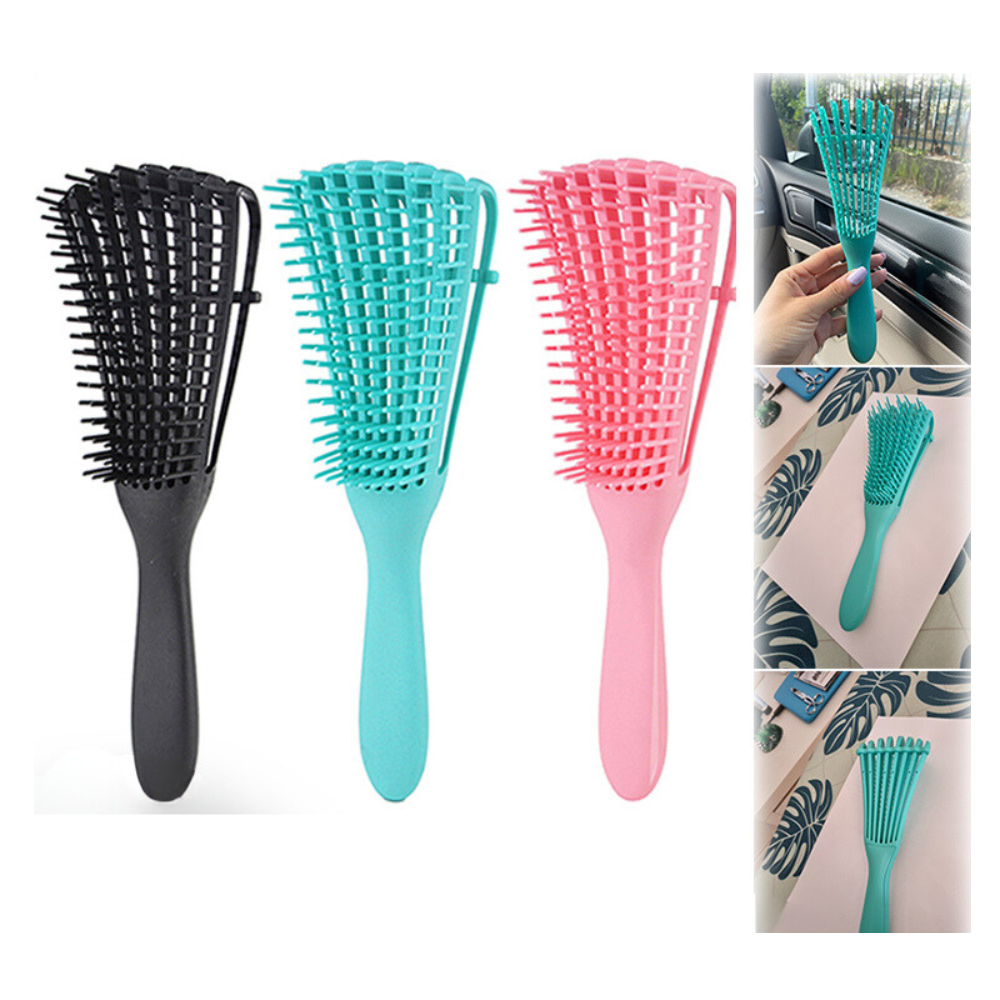 Hair detangling brush with long and short flexible teeth for smoothing and distributing shampoo on wet and dry hair