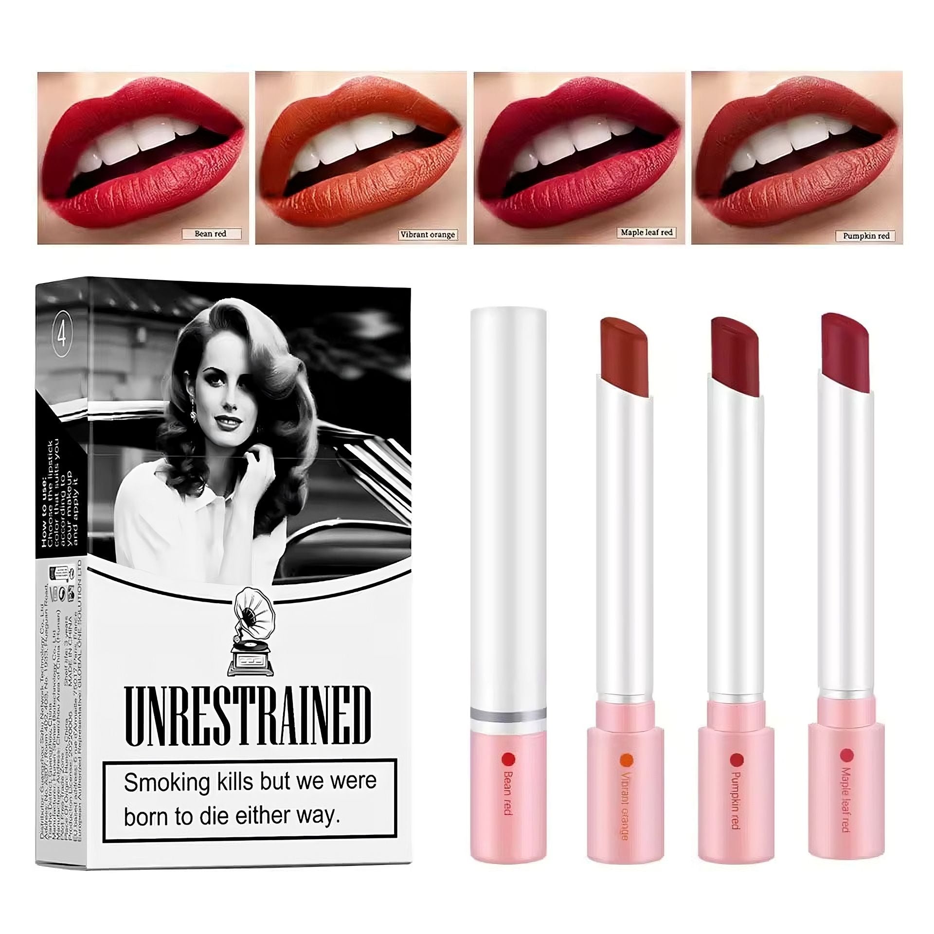Cigarette Lipstick Set with 4 velvet-matte shades in a retro cigarette case, portable and waterproof lip colors