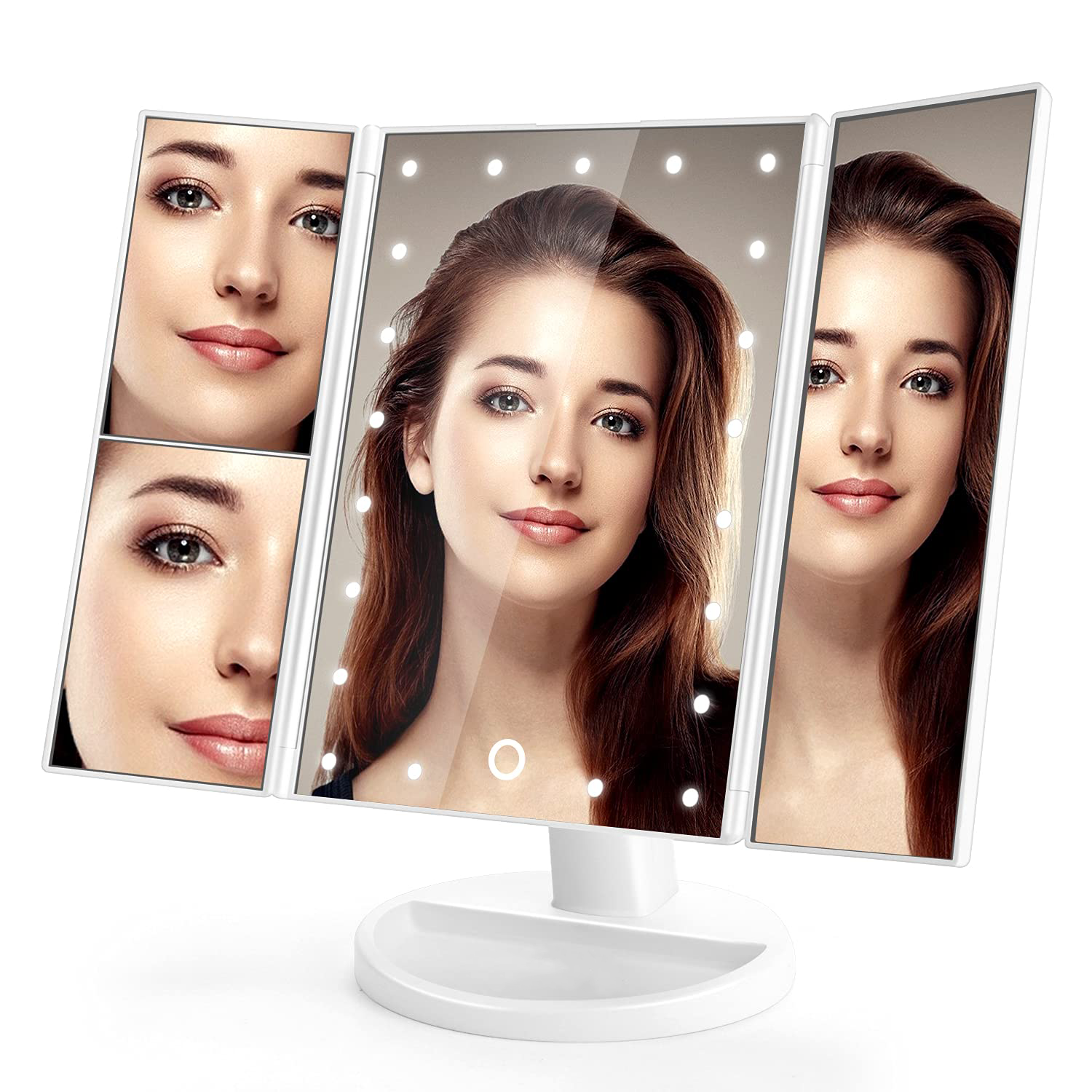 Lighted makeup mirror with 3 color lighting, magnification, and 360-degree rotation for flawless makeup application