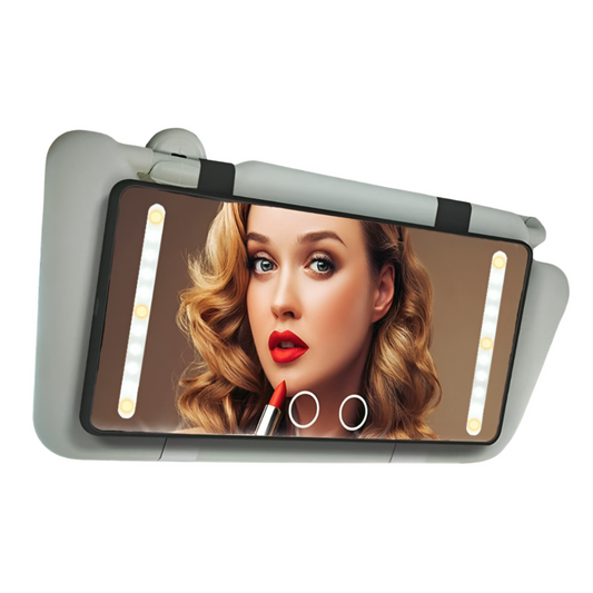 Compact LED car makeup mirror with adjustable lighting and sleek black and white design