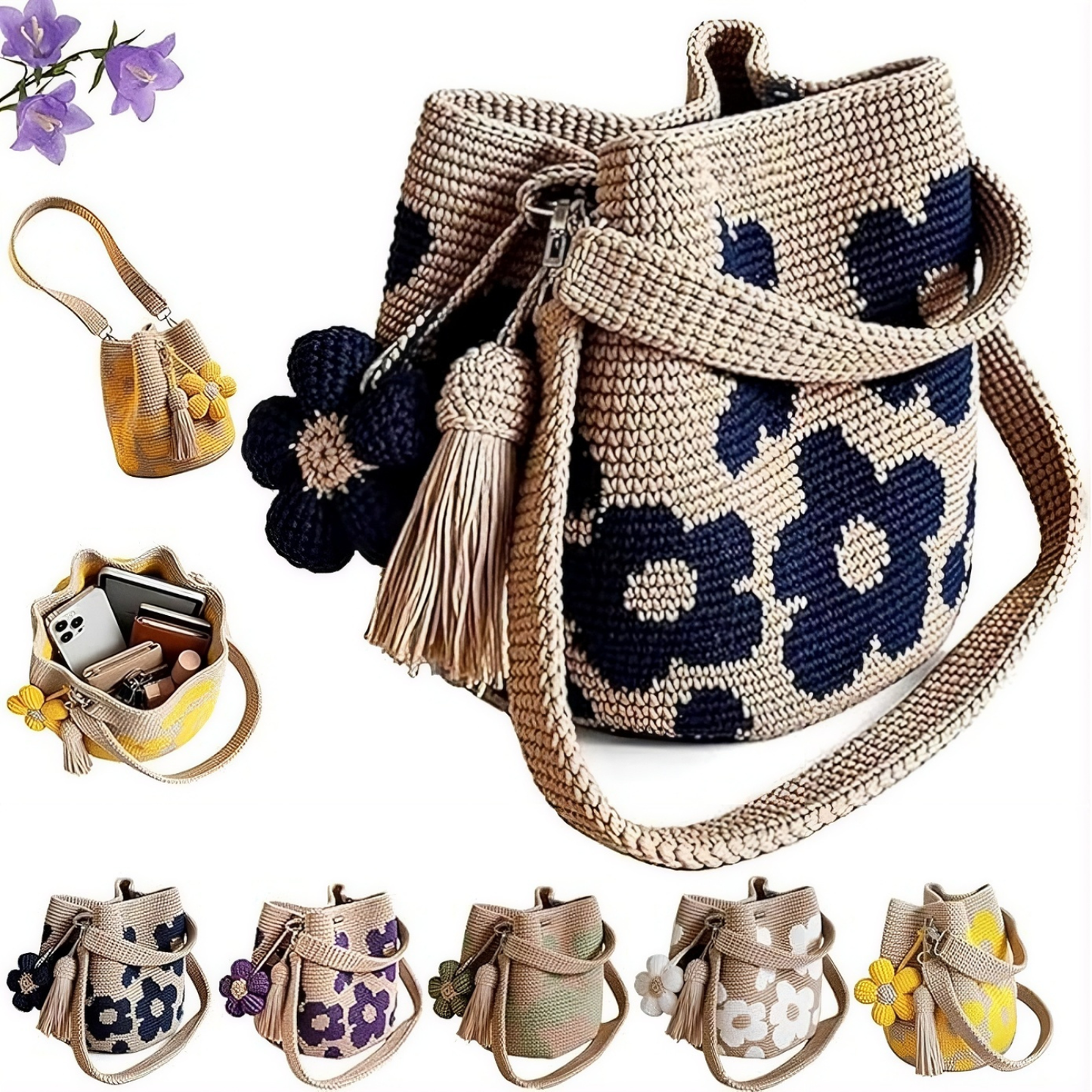 Crochet Flower Bag Handmade Boho Tote Bag Vintage Style Shoulder Bag