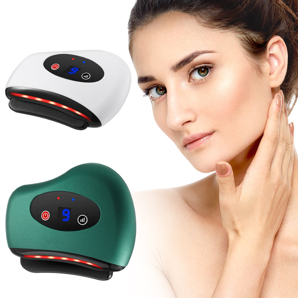 Electric Gua Sha device with adjustable temperature and vibration for skin tightening and muscle relaxation.