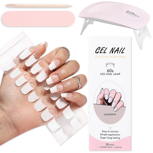 Gel Nail Wraps with white French full cover design and portable UV lamp set for quick manicure