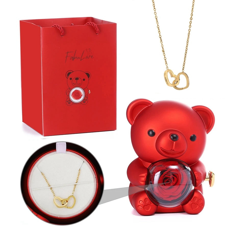 Eternal Rose Teddy Bear with delicate necklace in rotating jewelry gift box for special occasions