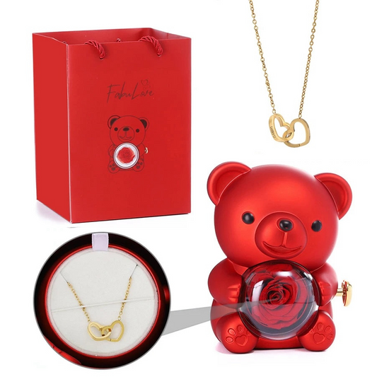 Eternal Rose Teddy Bear with delicate necklace in rotating jewelry gift box for special occasions