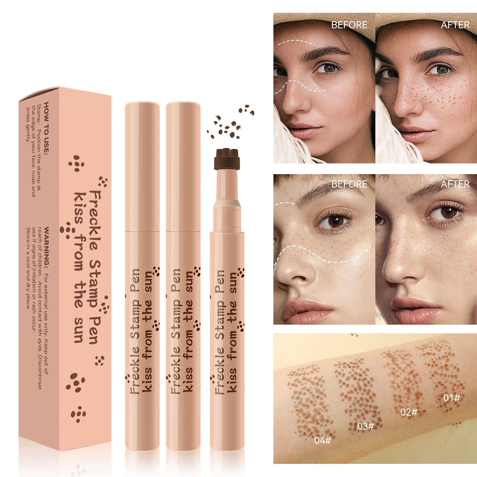 Waterproof Freckle Pen creating natural sun-kissed freckles with smudge-proof, quick-dry formula in four blendable shades