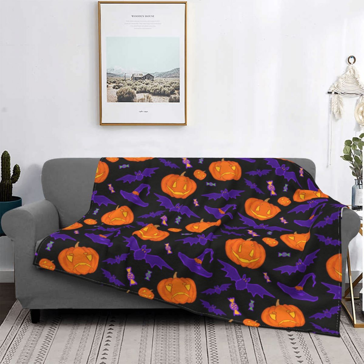 Halloween Bat Pattern Wool Blanket – Cozy Gothic Throw
