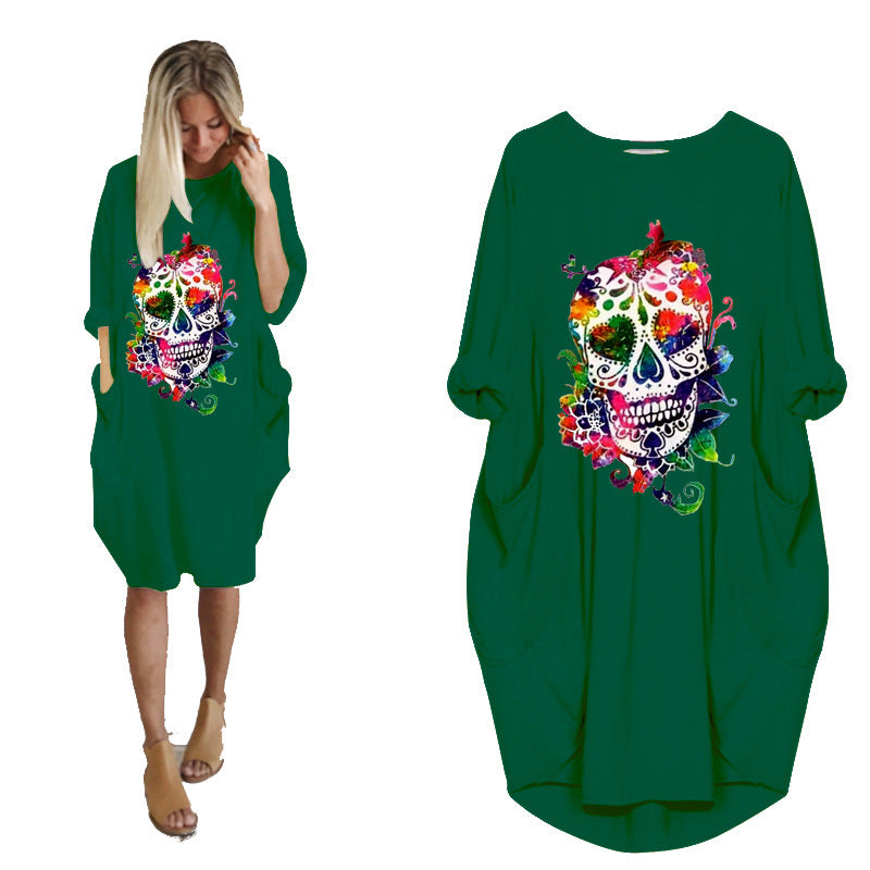 Halloween Skull Plus Size Long Sleeve Dress