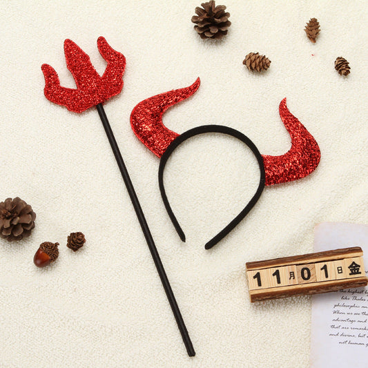 Halloween decorations headband with red glitter horn forks and matching pitchfork accessory