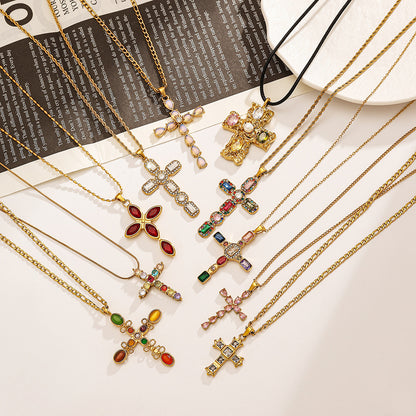 Stainless Steel Necklace Titanium Steel Cross Colorful Crystals Adjustable Female