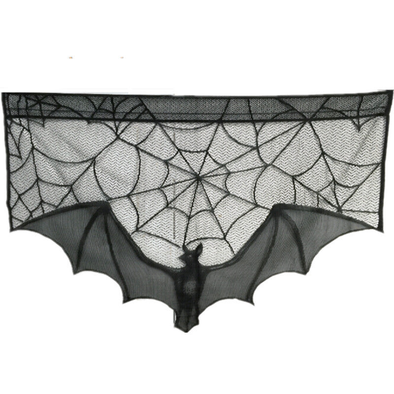 Halloween Black Spider Web Bat Lace Curtain – Spooky Decor
