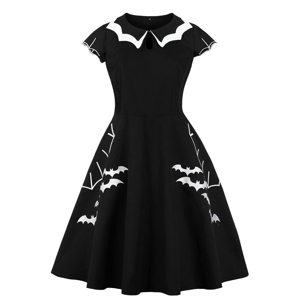 Halloween Bat Embroidered Cotton Dress