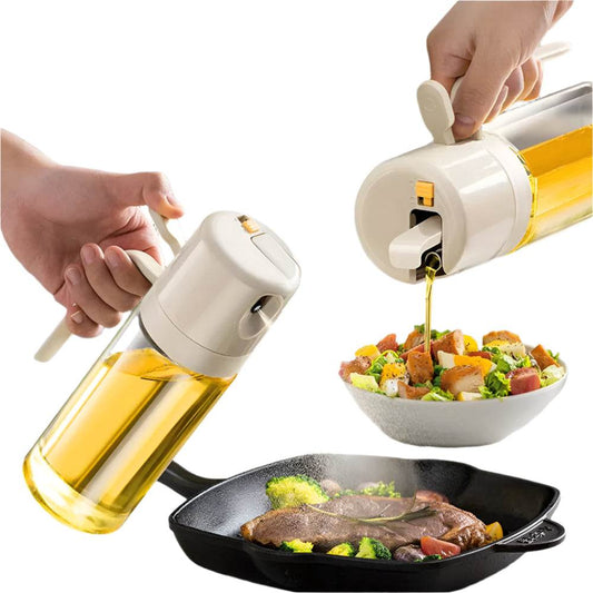 2 in 1 oil sprayer bottle used for pouring and spraying oil on salad and steak.