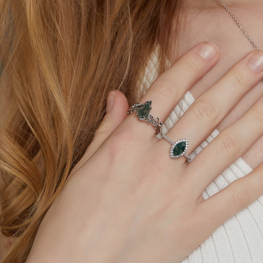 Olive Branch Green Agate Silver Ring for Women