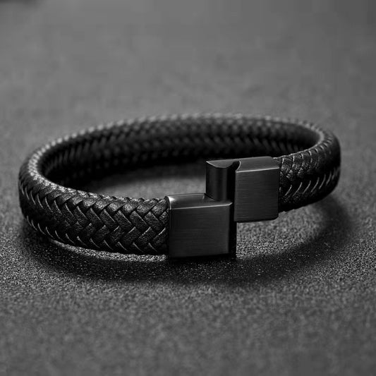 Leather Cord Bracelet – Authentic Leather Weave with Steel or Gold Buckle, Adjustable Sizes