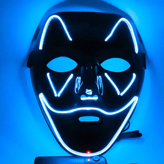 Black plastic Halloween decoration mask with glowing ice blue LED light accents