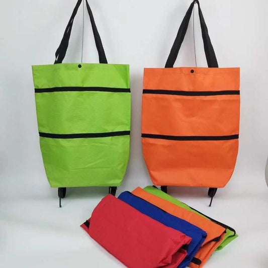 Large capacity foldable shopping grocery bags in various colors, showcasing portable design with wheels.
