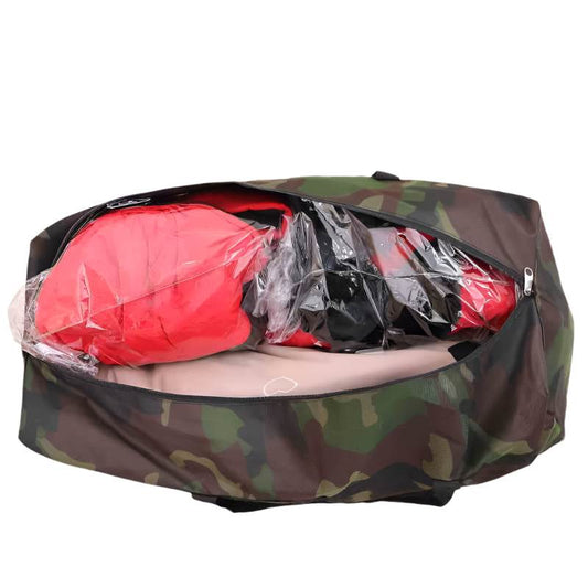 Camouflage moving packing bag with zipper, filled with items, on a soft background.