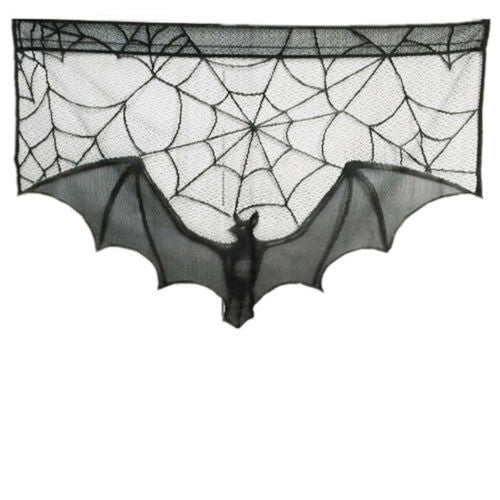 Halloween Black Spider Web Bat Lace Curtain – Spooky Decor