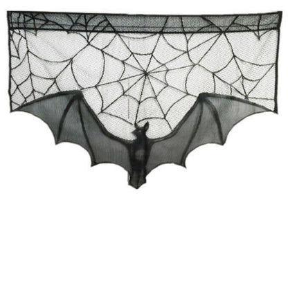 Halloween Black Spider Web Bat Lace Curtain – Spooky Decor