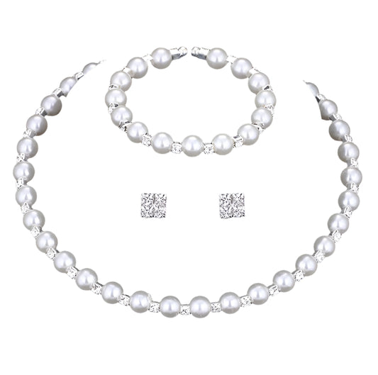 Bridal Jewelry Set – Handmade 8MM Pearls, Rhinestone Necklace, Earrings & Bracelet