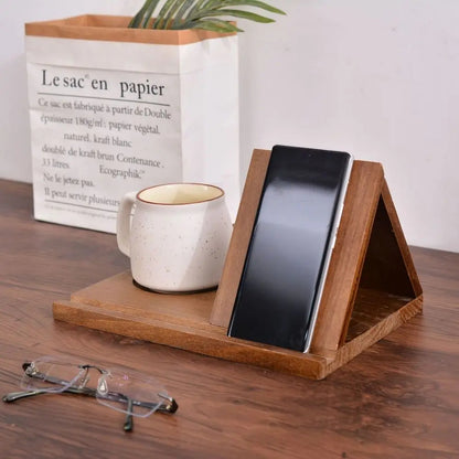 Wooden Book Stand with Cup Holder Acacia Desk Organizer Reading Rack