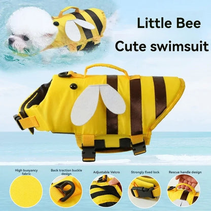 Yellow bee-themed dog life vest with adjustable straps and rescue handle for pet swimming safety