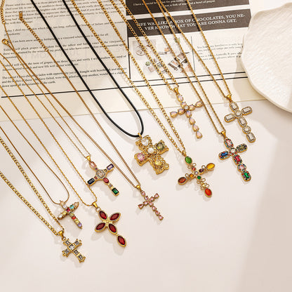 Stainless Steel Necklace Titanium Steel Cross Colorful Crystals Adjustable Female