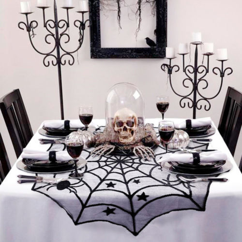 Halloween Black Spider Web Bat Lace Curtain – Spooky Decor