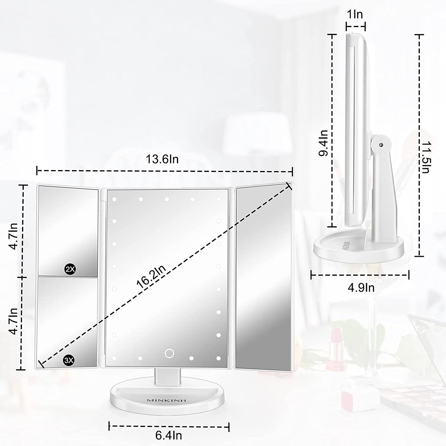LED Lighted Makeup Mirror 3 Color Modes 2X/3X Magnification Touch Vanity