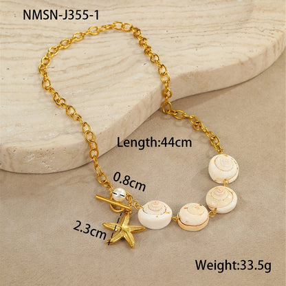 Ocean Style Natural Shell Starfish Necklace Women's Stainless Steel Gold Plated