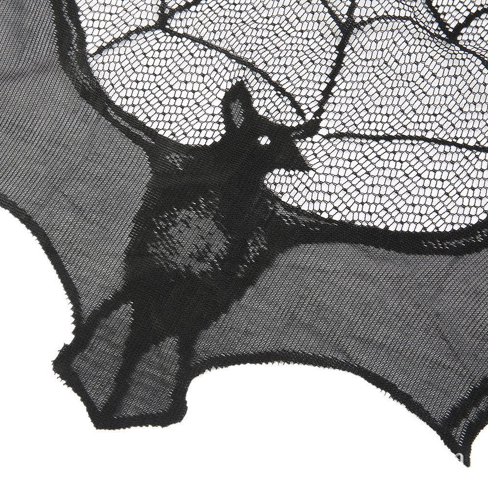 Halloween Black Spider Web Bat Lace Curtain – Spooky Decor