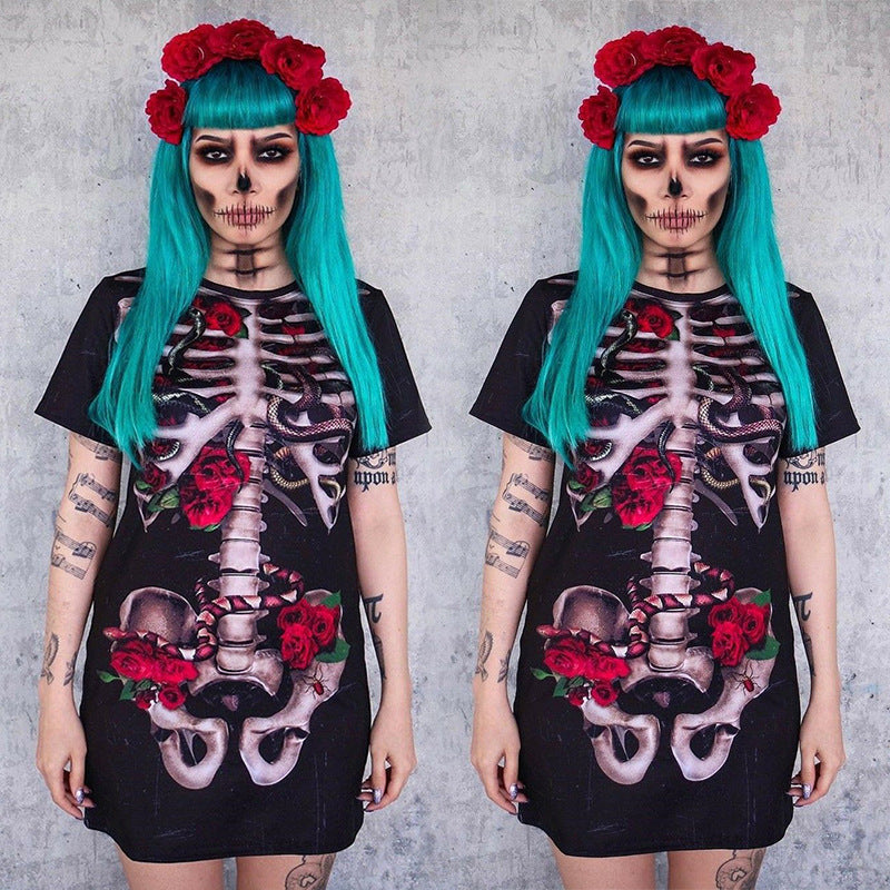 Halloween Skull Print Dress – Women’s Costume Outfit