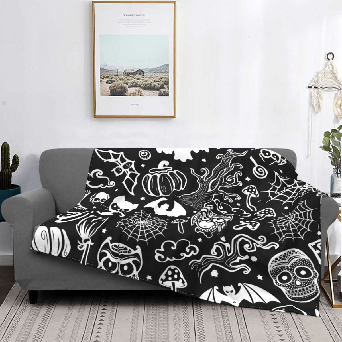 Halloween Bat Pattern Wool Blanket – Cozy Gothic Throw
